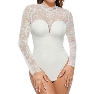 NWT White Popilush Lace Long Sleeve Tummy Control Bodysuit - Large
